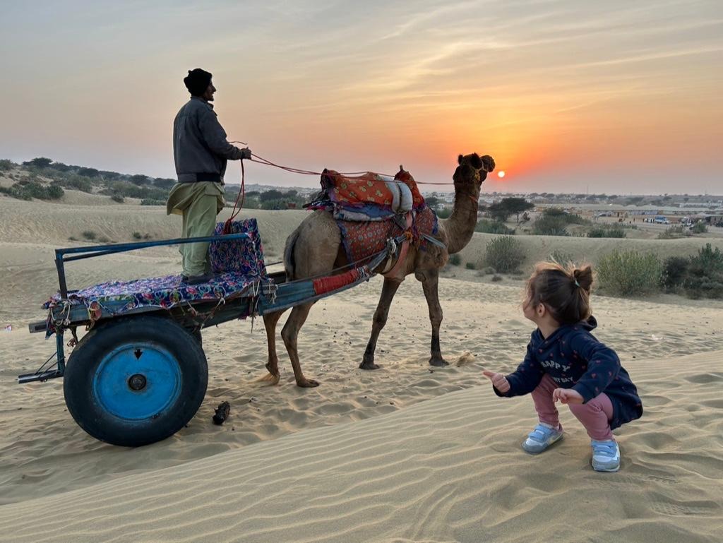 Child admiring camel cart at sunset in the Thar desert dunes